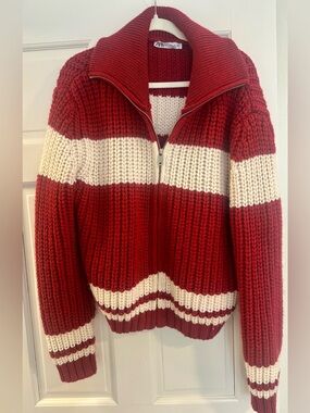 Zara Red & Cream Striped Chunky Knit Zip Sweater